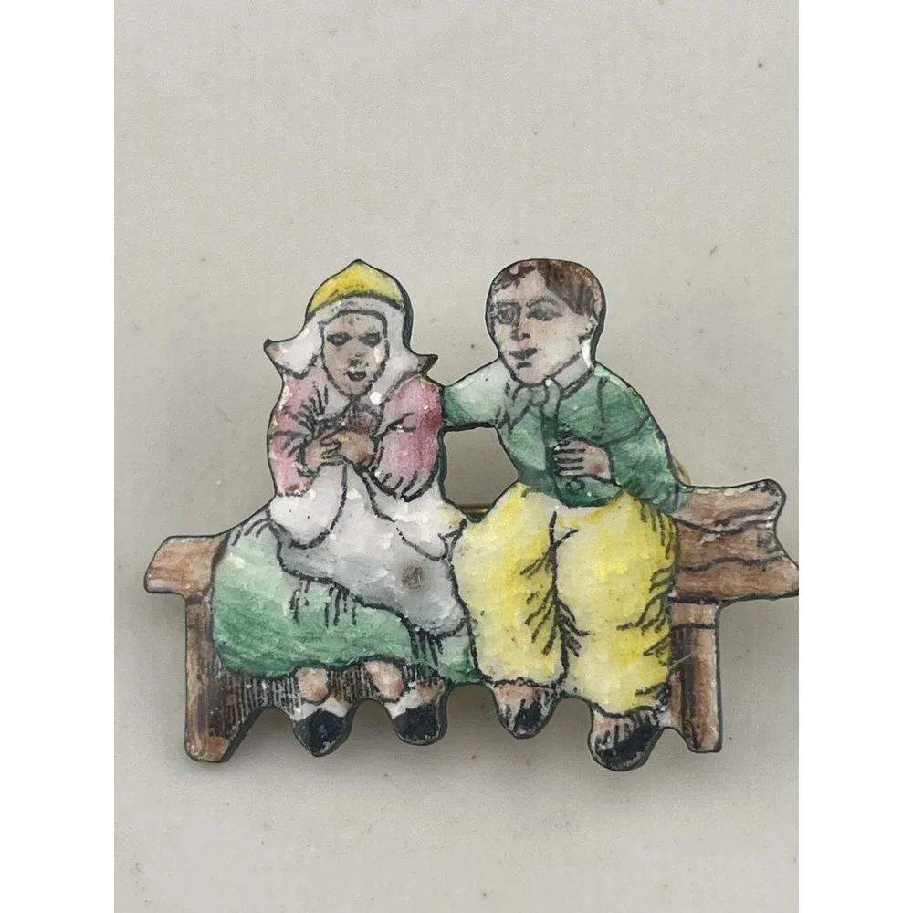 Vintage Czech Figural Brooch Couple on Bench Hand Painted Enamel Pin Vintage